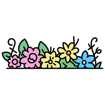 A border featuring a variety of colorful flowers, including red roses, yellow daffodils, and blue forget-me-nots, arranged alongside vibrant green foliage. There are intertwining vines creeping through the composition, adding texture and depth. The flowers are in full bloom, showcasing their petals, while the leaves provide a rich backdrop of varying shades of green.