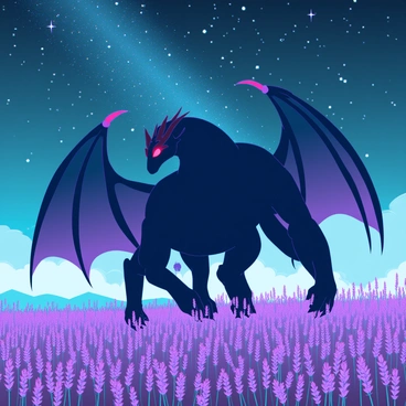 A Balrog wandering through a field of lavender under a starry night sky