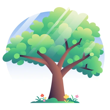 A large tree with a sturdy trunk and vibrant green leaves is growing in the center of the image. Its branches extend upward towards the sky, stretching wide in various directions. The leaves are lush and numerous, creating a dense canopy at the top. The ground around the tree is covered with small patches of grass and wildflowers, adding color to the scene. The background features a clear blue sky, complementing the tree's upward reach. Sunlight filters through the leaves, casting soft shadows on the ground.