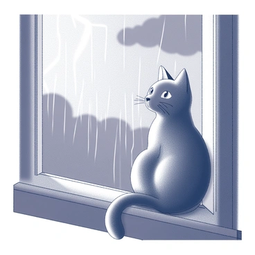A cat sitting on a windowsill, gazing intently outside. The cat has soft fur and pointed ears, with its eyes wide open, capturing the sight of falling raindrops. The window is partially fogged, indicating the storm outside, with streaks of water running down the glass. In the background, dark clouds are visible, and the light of a distant lightning flash highlights the cat's profile. The atmosphere is defined by the heavy rain and the sense of being sheltered indoors.