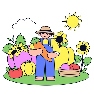 A tiny farmer wearing a wide-brimmed straw hat is standing in a green field. The farmer is holding a large, colorful carrot in one hand and a giant tomato in the other. Surrounding the farmer are enormous vegetables, including towering sunflowers and oversized pumpkins that dwarf the farmer. The sky is clear with a few fluffy clouds, and the sun casts a warm light over the scene. A wooden basket filled with more oversized vegetables sits on the ground nearby.