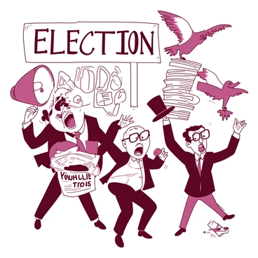 A duotone illustration featuring a group of caricatured politicians gathered in a lively, humorous scene. One politician, depicted with exaggerated facial features, is holding a large megaphone and shouting animatedly. Next to him, another politician is attempting to balance a stack of papers while looking comically overwhelmed. A third politician, with oversized glasses, is seen trying to catch a flying pigeon that has stolen his hat. The background includes a large banner with the words "Election Day" written in bold letters. The overall composition conveys a lighthearted atmosphere filled with exaggerated gestures and expressions.