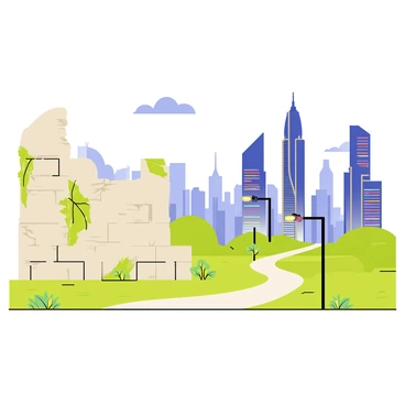 A landscape featuring ancient ruins made of cracked stone and overgrown with green vines on one side. The ruins include a large crumbling column and broken walls, showcasing intricate carvings. Transitioning into the other side, there is a futuristic cityscape with tall, sleek skyscrapers made of glass and metal. Neon lights adorn the buildings, casting colorful reflections. A clear blue sky stretches above the entire scene, with a few clouds floating by. In the foreground, a pathway runs from the ruins towards the city, lined with small plants and modern streetlamps.