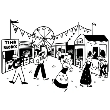 A lively county fair scene is depicted with several women in charming western dresses, each adorned with unique patterns and textures. They are engaged in various activities, such as playing games, sampling treats, and chatting with one another. Colorful banners and flags are strung overhead, while a Ferris wheel looms in the background. Stalls filled with prizes, baked goods, and crafts line the sides, creating a vibrant atmosphere filled with excitement and joy. The ground is covered with straw, and children can be seen running around, adding to the festive energy of the fair.