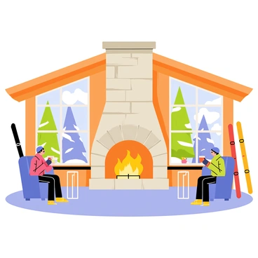 A cozy ski lodge featuring a large wooden structure with a stone fireplace at the center. The fireplace is lit with bright orange and yellow flames, casting a warm glow throughout the room. Several skiers, wearing colorful ski gear, are comfortably seated on plush chairs and a large sofa, sipping hot beverages. Snow-covered pine trees are visible through the large windows, creating a picturesque winter scene outside. Some ski equipment, like skis and snowboards, is propped up against the wall, adding to the ski lodge atmosphere.