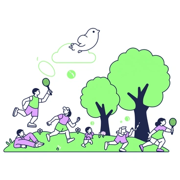 A miniature world is depicted where tiny people are engaged in a game of badminton. Each tiny person is holding a racket that is proportionate to their size, and they are actively running and jumping to hit a giant birdie that looms above them. The scene is set on a grassy terrain, with flowers dotting the landscape. In the background, there are oversized trees with lush foliage, providing a sense of scale to the tiny players. A few tiny spectators can be seen watching the game from the sidelines, their expressions filled with excitement. The sky above is clear, adding to the whimsical atmosphere of this miniature world.