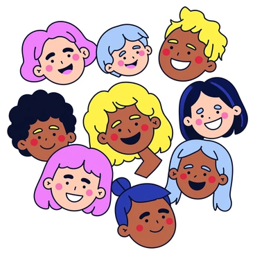 A collage featuring multiple smiling faces of people from various ethnicities. The individuals are of different ages and genders, each displaying joy and positivity. The background is bright and colorful, enhancing the cheerful expression of the faces. Each face is distinct, showcasing unique features and hairstyles, contributing to the diversity of the group.