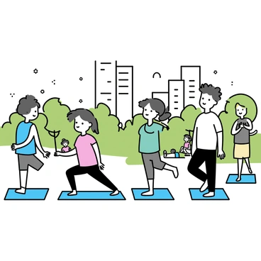 A group of five people is practicing the cat-cow stretch on yoga mats in an urban park. Three women and two men are visible, with one woman wearing a blue tank top and black leggings, another in a pink top and grey shorts, and a third in a green shirt and dark pants. One man is in a white t-shirt and beige shorts, and the other is wearing a grey tank top with navy joggers. The park is filled with green grass and trees, and in the background, there are tall skyscrapers reaching towards the sky. People walking by and children playing are also seen in the park, contributing to the lively atmosphere.