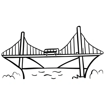A bus driving across a large suspension bridge that spans a wide river. The bridge features tall towers and diagonal cables extending to support the roadway. Below, the river flows steadily, with waves gently lapping against the sides. In the background, there are rolling hills framing the scene, providing a sense of depth and scale. The bus is positioned towards the center of the bridge, emphasizing the span of the structure above the river.
