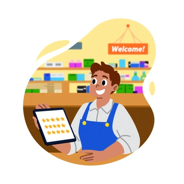 A shop owner with short brown hair wearing a blue apron is sitting at a wooden counter. They are holding a tablet and looking at it with a big smile on their face. The screen of the tablet displays several colorful positive reviews with stars. The shop has shelves filled with various products in the background, and a bright sign hanging above reads "Welcome!" The atmosphere is cheerful and inviting.
