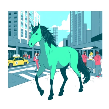 A teal horse with a shiny coat is calmly walking down the busy streets of a modern city. Skyscrapers made of glass and steel rise in the background, reflecting sunlight. People in colorful outfits are bustling around, some stopping to look at the horse with curiosity. A yellow taxi cab drives past, and a street vendor can be seen selling hot dogs from a cart nearby. The horse's mane flows gently in the breeze as it steps confidently on the concrete pavement.