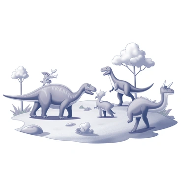 A landscape filled with cartoon dinosaurs of various sizes and shapes. There are several dinosaurs, including a large brontosaurus with a long neck, a small, energetic velociraptor, and a playful triceratops with three prominent horns. The ground is uneven, with small hills and patches of greenery. In the background, there are a few trees with wide trunks and leafy canopy. A few dinosaurs are interacting with each other; one is playfully chasing another, while another is nibbling on some foliage. The sky above is clear, providing a bright setting for this lively scene.