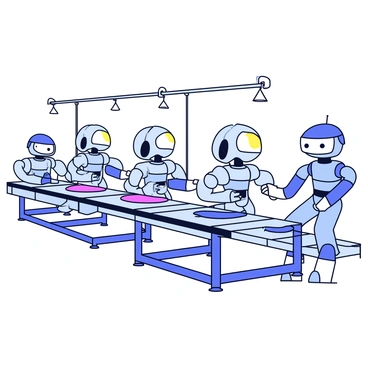 A production line featuring multiple robots working in unison. Each robot is metallic with a streamlined design and articulated arms. They are positioned at various points along the line, each engaged in assembling different parts of a product. The background shows a clean, organized workspace with conveyor belts moving the products smoothly. The robots exhibit precision in their movements as they carefully place components together. Bright overhead lights illuminate the scene, highlighting the efficiency of the assembly process.