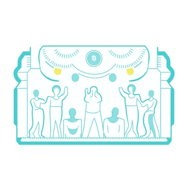 A vibrant festival scene with groups of people celebrating, wearing festive clothing, and enjoying various activities. There are decorative elements featuring "bitcoin" symbols hanging throughout the venue. Colorful banners and streamers add to the lively atmosphere.