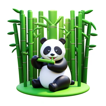 A panda sitting on a patch of green grass in the center of a bamboo grove. The panda has black and white fur with distinctive black patches around its eyes and ears. It is holding a bamboo shoot with its paws and nibbling on one end. Surrounding the panda are tall, lush green bamboo stalks with thick leaves, creating a dense and vibrant backdrop. Sunlight filters through the bamboo, casting soft shadows on the ground. The scene conveys a peaceful moment in nature.