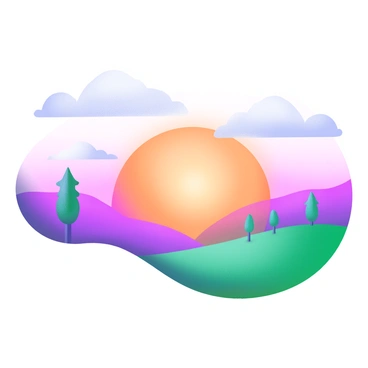 A landscape featuring a vibrant sunset with hues of orange, pink, and purple illuminating the sky. The scene includes lingering, soft clouds that partially obscure the horizon, creating depth in the sky. The ground is a silhouette of rolling hills and scattered trees, with a tranquil atmosphere as the last light of day fades. The overall composition captures the transition from day to night, emphasizing the beauty of the natural phenomenon.