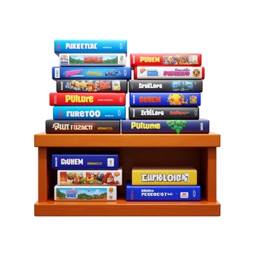 A stack of classic DOS game boxes in various colors and designs. The boxes are arranged neatly on a rustic wooden shelf. Each box features distinct artwork that showcases iconic characters and titles from the era. The wooden shelf has a rich grain pattern, giving it a warm, nostalgic feel. The lighting highlights the textures of the game boxes and the shelf, creating a cozy atmosphere.