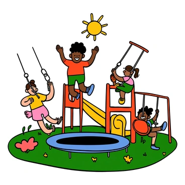 A group of children with diverse skin tones and hairstyles are playing on a colorful playground filled with various play structures. One child with light skin and curly hair is joyfully bouncing on a large blue trampoline, with a wide smile on their face. Nearby, other children are climbing on a yellow slide and swinging on red swings. The sun is shining brightly, casting cheerful shadows on the playground surface. Bright flowers and green grass surround the play area, enhancing the lively atmosphere.