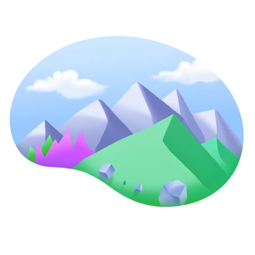 A landscape featuring a low-poly mountain range with angular peaks and valleys. The mountains are rendered in various shades of green and gray, showcasing geometric shapes and sharp lines. Above the mountains, a clear blue sky stretches out, providing a bright backdrop. Wispy clouds float lazily, adding a touch of contrast to the serene scene. The foreground features sparse grasses and small rocks that complement the mountain range.