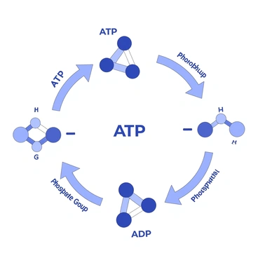 A diagram illustrates the cycle of ATP converting into ADP and back. At the center, there is a large ATP molecule represented with three phosphate groups linked together. Arrows point from the ATP to an ADP molecule, which has two phosphate groups. Additional arrows indicate the reattachment of a phosphate group to ADP, reforming ATP. Surrounding these molecules, there are labels for each stage, highlighting "ATP," "ADP," and "Phosphate Group." The overall layout is clear and organized, emphasizing the cyclical nature of the process.