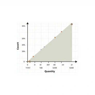 A graph depicting a cost curve. The X-axis is labeled "Quantity" and the Y-axis is labeled "Cost." The cost curve is a smooth, upward-sloping line that starts from the origin and gradually rises. There are numerical values marked along both axes to indicate the measurements, and the line is distinct in color to stand out against the grid background of the graph. Additionally, there are markers along the curve at various points to signify different cost levels for specific quantities.