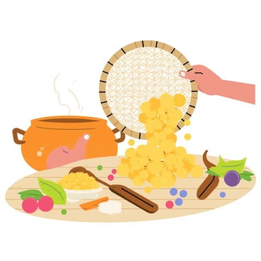 A pair of hands pouring fluffy, golden couscous into a large, round sieve. The sieve is made of woven bamboo with a circular shape, and the couscous grains are cascading through it in a smooth flow. Surrounding the sieve, there are various colorful ingredients like fresh herbs, diced vegetables, and spices laid out on a wooden table. There is a rustic pot in the background, showcasing the traditional cooking method. The scene conveys a sense of craftsmanship and a connection to heritage in the preparation of couscous.