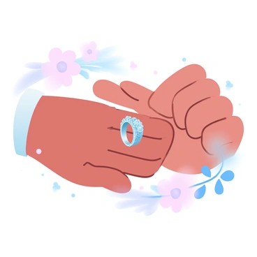 A close-up of two hands positioned carefully near each other, with one hand gently holding a vintage wedding ring. The ring features intricate designs and a unique gemstone. The other hand is reaching out, ready to receive the ring. Soft, pastel colors blend in the background, creating a gentle atmosphere. Delicate floral decorations are subtly visible, enhancing the scene's romantic context.