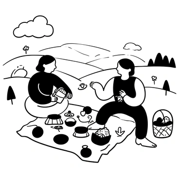 Hobbits enjoying a picnic on a hill, with a spread of sandwiches and fruits