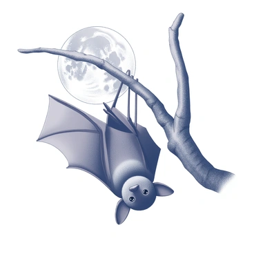 A large bat is hanging upside down from a thick, sturdy branch. Its wings are folded around its body, illustrating the texture of its fur and the detail of its ears, which are perked up. The branch is rough and gnarled, adding depth to the scene. In the background, a full moon is positioned high in the night sky, illuminating the bat and casting shadows on the branch. The moon's surface is depicted with craters and details, enhancing the overall contrast between the bat and the lunar backdrop.