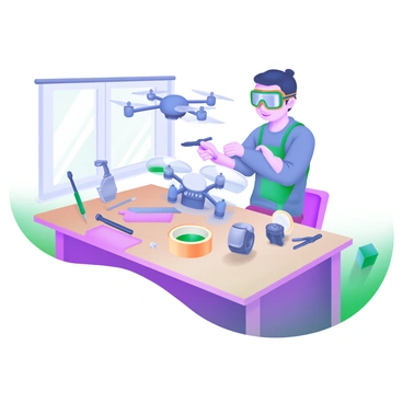 A person assembling a drone from various parts on a wooden workbench. The workbench is cluttered with tools such as a screwdriver, pliers, and a roll of tape. There are drone components, including a circular body, propellers, and motors, neatly arranged nearby. The person is wearing safety goggles and a focused expression while attaching a propeller to the drone's frame. In the background, there is a soft light coming from a nearby window, illuminating the workspace.