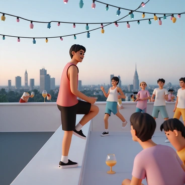 A person, wearing a red tank top and black shorts, is standing on the edge of a rooftop, performing calf raises. Their feet are positioned shoulder-width apart, and they are rising onto their toes with a focused expression. Below them, the city skyline is visible, showcasing tall buildings and twinkling lights. Above, colorful festive lights are strung across the rooftop, casting a warm glow over the scene. Several people are gathered nearby, enjoying drinks and laughter, while some are dancing to music playing in the background.