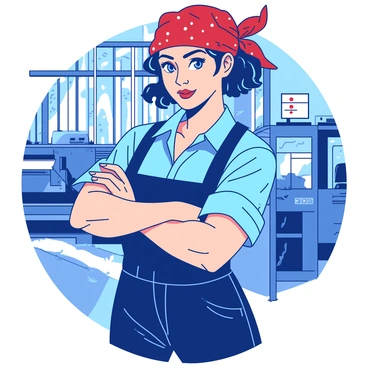A strong female factory worker stands confidently in a lively industrial setting. She has a defined posture with her arms crossed, showcasing her muscular physique. On her head, she wears a red bandana tied in a classic style. Her outfit consists of a blue work shirt rolled up at the sleeves, revealing toned arms, and she sports dark blue overalls. In the background, various machinery and tools are visible, emphasizing her environment. The lighting casts a bright glow on her determined expression, making it clear she embodies strength and resilience.