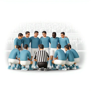 A referee joining the team huddle for a motivational moment just before the game starts.