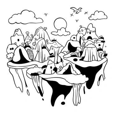 A large 18x24 board featuring a magical fantasy world filled with floating islands. Each island has distinct shapes and sizes, some with lush greenery, while others are rocky and barren. Wispy clouds drift around the islands, adding depth to the scene. Waterfalls cascade from the edges of some islands, flowing into an endless void below. Birds can be seen soaring between the islands, enhancing the sense of flight. In the background, a large, mysterious sun hangs low in the sky, casting shadows across the landscape.