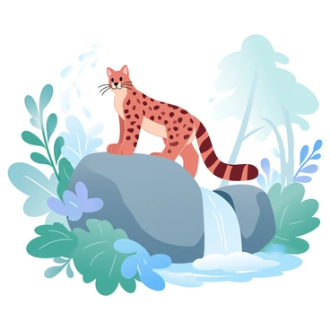 An ocelot with distinctive spotted fur is standing on a large, rugged rock. The ocelot has a poised posture, showcasing its sleek body and long tail. Beside the rock, a cascading waterfall flows down, creating a misty effect around the area. Lush greenery surrounds the waterfall, with various plants and leaves, enhancing the vibrant environment. Sunlight filters through the trees, casting a soft glow on the scene.