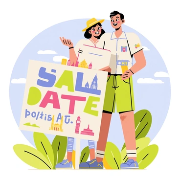 A couple stands together in a picturesque outdoor setting, smiling as they hold up a colorful postcard. The postcard, prominently featuring the words "Save the Date" in bold, playful lettering, is surrounded by illustrations of famous landmarks from their travels. The couple is dressed in casual travel attire, with one partner wearing a sun hat and the other holding a camera. Their backdrop showcases lush greenery and a clear blue sky, suggesting a vibrant vacation atmosphere. The couple's expressions convey excitement and joy as they share their special announcement with the world.