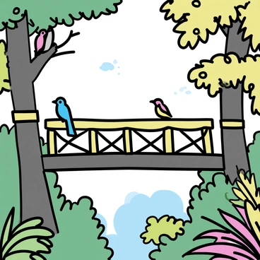 A wooden bridge high in the treetops in an exotic rainforest
