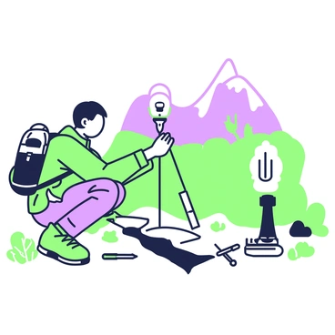 A scientist is crouched down, setting up a sensor on a visible fault line in the wilderness. The scientist is wearing a green jacket and sturdy pants, with a backpack resting nearby. The fault line is clearly visible, marked by a crack running through the ground. Surrounding the area are patches of grass and rocky soil, with sparse trees and shrubs in the background. The scientist is carefully adjusting the sensor, using tools laid out on the ground beside them. In the distance, rugged hills rise against the sky, framing the scene.