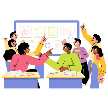 A classroom filled with diverse students gathered around a large smart board. Some students are smiling broadly, while others are raising their hands excitedly to contribute to the discussion. The smart board displays colorful problem-solving exercises and diagrams. In the foreground, a student with curly hair is pointing at the board, while another student with glasses is leaning in with a focused expression. Desks are scattered with notebooks and pencils, emphasizing an active learning environment.