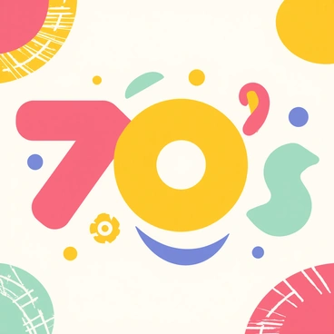 An album cover featuring bold "70s typography" prominently displayed at the center. The typography has a retro feel, with large, playful letters in bright colors like orange, yellow, and teal. Surrounding the text are vibrant geometric patterns in the background, including swirling circles and stripes in various colors that evoke the lively aesthetic of the 1970s. The overall composition creates a dynamic and eye-catching design that captures the essence of the era.