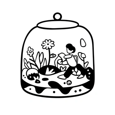 A miniature terrarium with a clear glass structure, showcasing a tiny ecosystem inside. The terrarium contains small, vibrant "calendula flowers" with distinct petal shapes. Surrounding the flowers are various tiny plants, moss covering the ground, and small pebbles scattered throughout the base. A miniature watering can is positioned next to the flowers, and a tiny figurine of a gardener is kneeling nearby, tending to the plants.