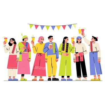 A group of people wearing traditional clothing, including colorful dresses and patterned sashes, are gathered together at a cultural event. They are raising their drinks in celebration, with smiles on their faces. The drinks, served in decorative glasses, are a vibrant mix of colors. The background features festive decorations, such as banners and flags, adding to the lively atmosphere of the event.