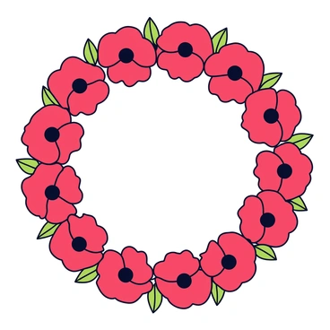 A circular illustration filled with red poppies. The poppies are arranged in a decorative mandala style, with petals radiating symmetrically from the center. Each flower has a dark center surrounded by delicate green leaves. The composition forms intricate patterns around the circle, showcasing the vibrant colors and shapes of the flowers.
