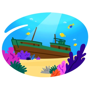 A vibrant underwater scene featuring various colorful fish swimming around. The fish include a school of small, bright yellow and blue fish darting among the coral reefs. The coral reefs are rich in detail, showcasing an array of shapes and colors, including purple, red, and green corals. In the background, a sunken ship rests on the sandy ocean floor, partially covered in seaweed and coral growth. Sunlight filters down from the surface, casting dappled light across the scene and illuminating the rich marine life surrounding the ship.