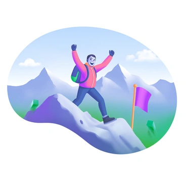 A hiker standing triumphantly at the summit of a mountain, raising both arms in celebration. The hiker is wearing a vibrant red jacket and a backpack, with a wide smile on their face. The mountain peak is rocky and surrounded by a panoramic view of other majestic mountains in the distance. The sky is clear and blue, with a few white clouds scattered. Nearby, a small flag is planted in the ground, symbolizing achievement. The scene conveys a sense of accomplishment and reflection.