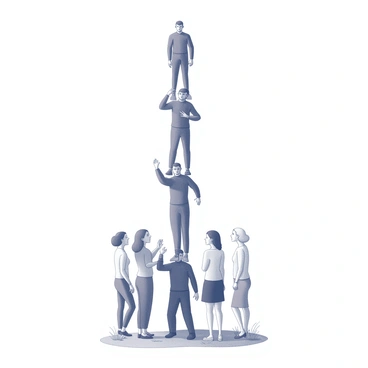 A tall tower constructed from stacked male figures, each figure distinct in posture and expression, is positioned prominently in the center of the image. The figures are arranged with care, creating a tower that rises high into the air. Beneath the tower, a small group of women stands together, their expressions reflecting a mixture of curiosity and contemplation. The ground beneath them features natural elements, such as grass or stones, providing a grounding contrast to the towering figures above. The overall composition emphasizes the height of the tower in relation to the women below, highlighting their interaction within the scene.