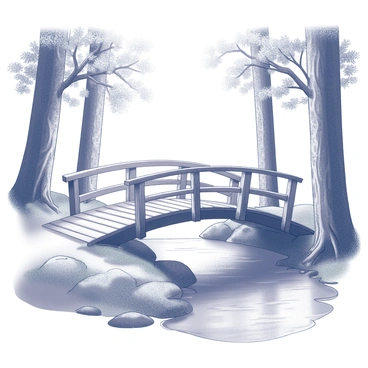 A small wooden bridge arches gracefully over a gentle stream. The bridge is constructed of aged timber, featuring wooden railings on either side. Below, the clear water flows smoothly, with small ripples reflecting the surrounding greenery. On either side of the path, tall trees with textured bark create a natural frame, their leaves rustling softly in the breeze. The forest path is well-trodden, with patches of earth and scattered pebbles visible along the edges. Sunlight filters through the canopy, casting dappled shadows on the bridge and surrounding foliage.