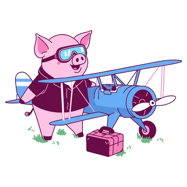 A pink pig wearing a vintage leather pilot jacket and goggles is standing proudly next to a small blue biplane. The biplane has white wings with intricate detailing, and its propeller is gleaming in the sunlight. The pig has a joyful expression, with its ears perked up and a small wooden suitcase lying at its feet. The ground is dotted with green grass, framing the charming scene.