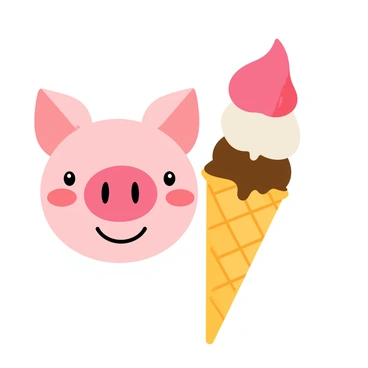 A cartoon-style illustration of a pig face with a big smile, showcasing its joy. The pig has rosy cheeks and bright eyes, depicting happiness. It is holding a giant ice cream cone with three colorful scoops: pink strawberry, white vanilla, and brown chocolate. The cone is detailed with a waffle pattern, and the ice cream is dripping slightly from the top, adding to the cheerful scene.