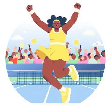 Serena Williams, a woman with dark skin and curly black hair, is captured in mid-air performing a victory dance on a tennis court. She is wearing a bright yellow tennis dress with white trim and matching yellow sneakers. Her arms are raised high above her head in celebration, and a wide smile is on her face, showcasing her joy. In the background, a cheering crowd is visible, with colorful banners and tennis rackets held aloft. A tennis net is seen at the center of the court, and a bright blue sky fills the scene above.